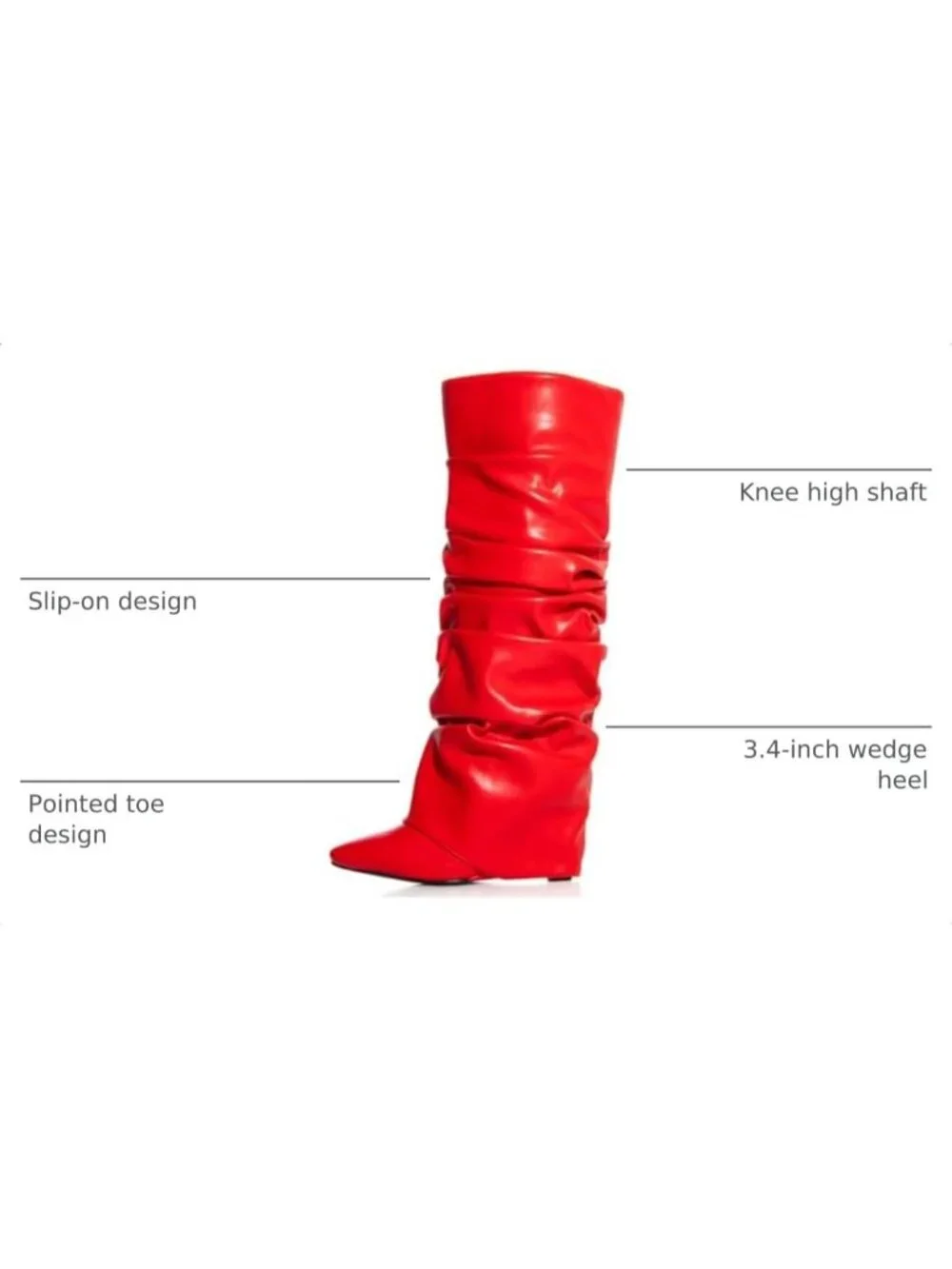 Women's Red Heel Wide Calf Pointed Toe Slouched Fold Over Casual Knee High Boots